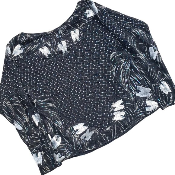Heavily Beaded Sequined Silk Blouse Women's Small Black - Picture 1 of 16